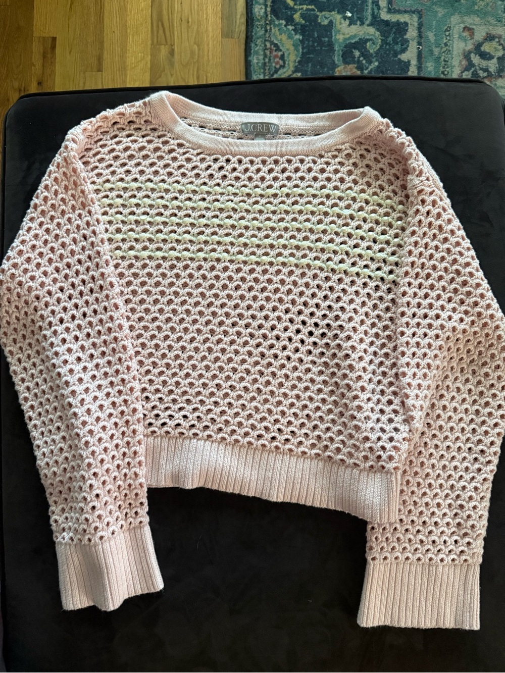 J.Crew Women's Pink Mesh Cotton Open-Knit Sweater Embellishments